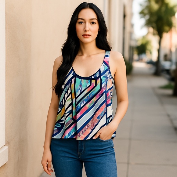 AMANDA UPRICHARD COLORFUL PINK BLUE WHITE STRIPED FLORAL PULLOVER TANK TOP S - Picture 1 of 8